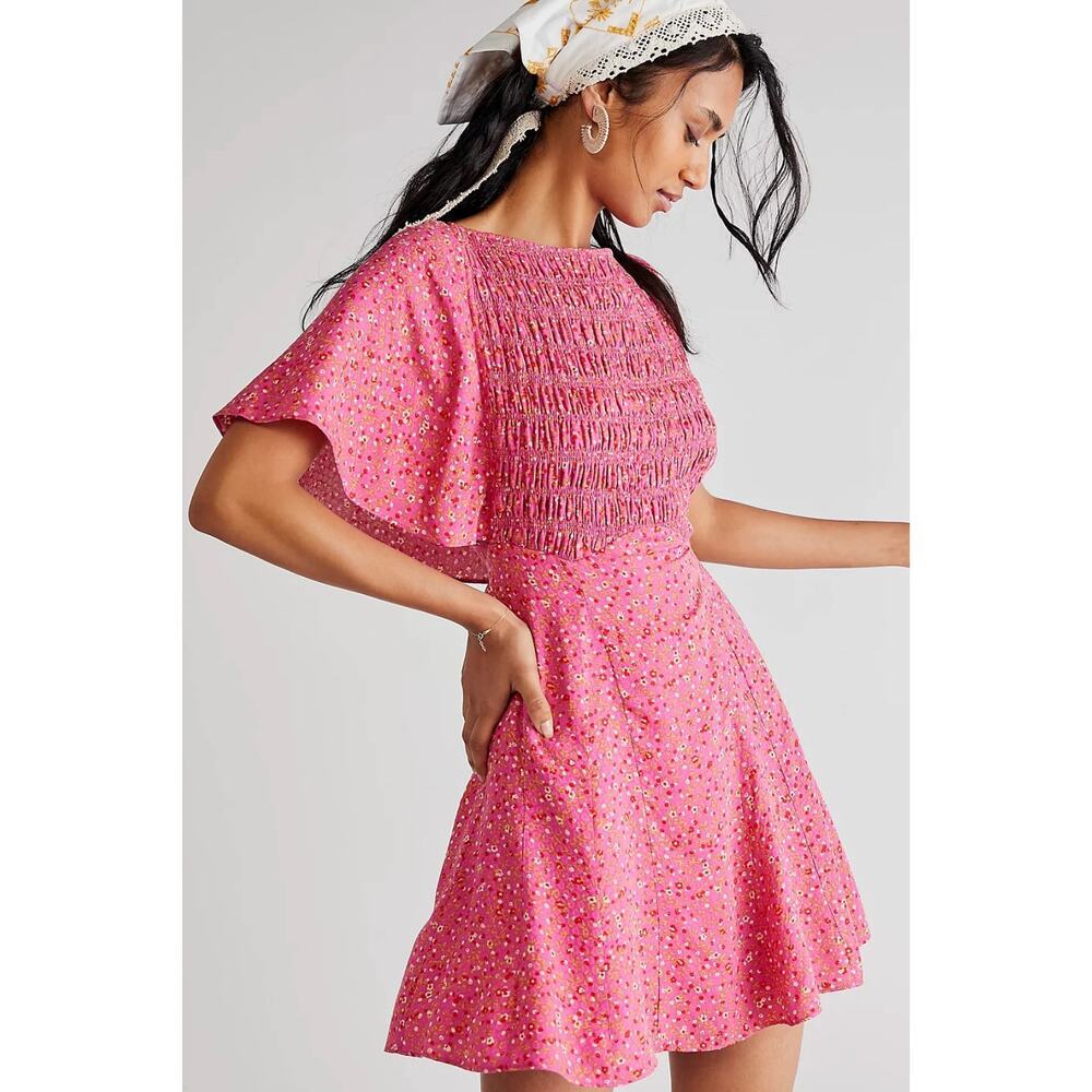 Free People Florence Floral Smocked Flutter Sleeve Mini Dress Size Small